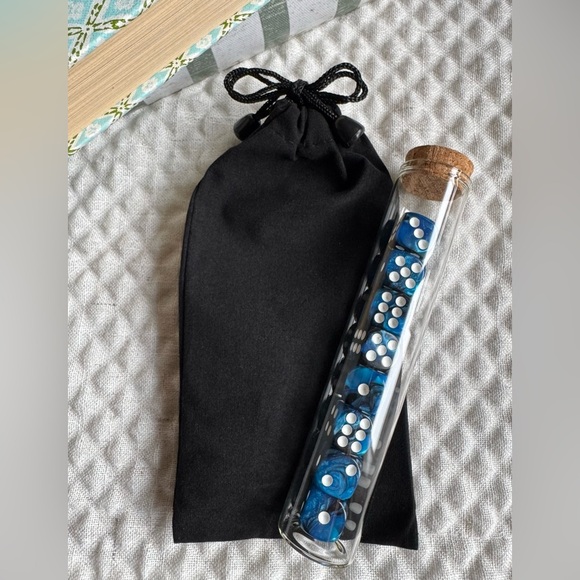 New Set of 8 Blue & Black Swirl 15mm Acrylic Dice w/ Glass Tube & Storage Bag - Picture 6 of 6